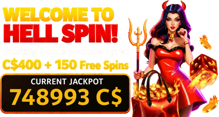 HellSpin welcome bonus banner with devil woman, jackpot and free spins offer