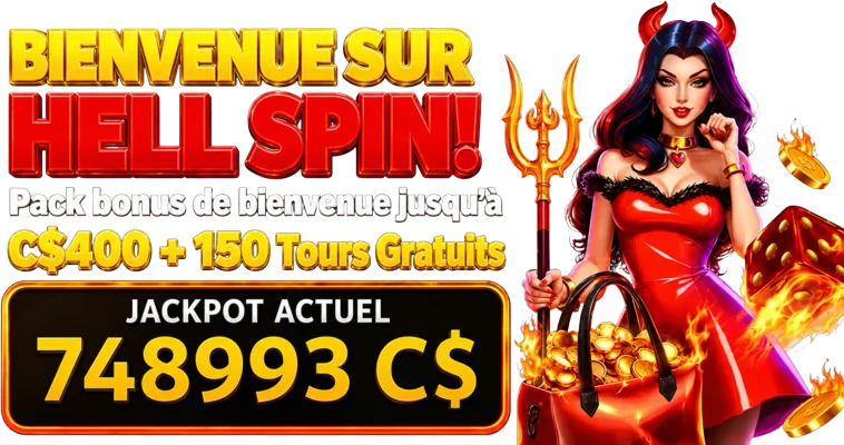 Banniere du bonus de bienvenue HellSpin avec femme diablesse, jackpot et offre de tours gratuits